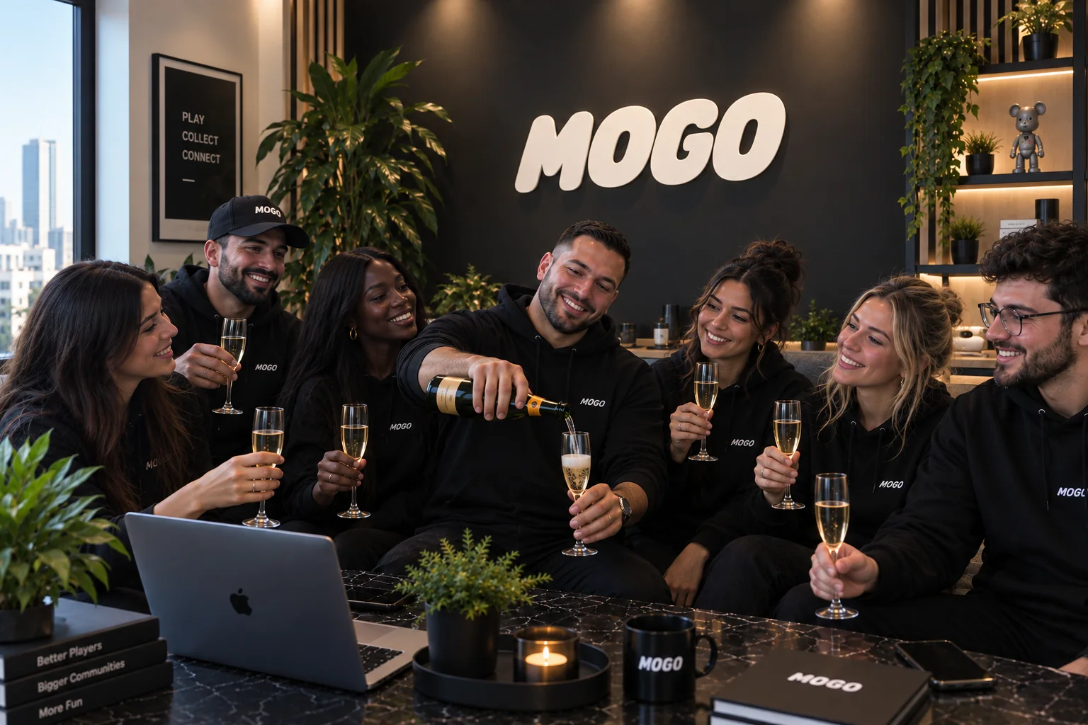 فريق Mogo Stickers خلف الكواليس، يرفع كأسًا أمام جدار MOGO